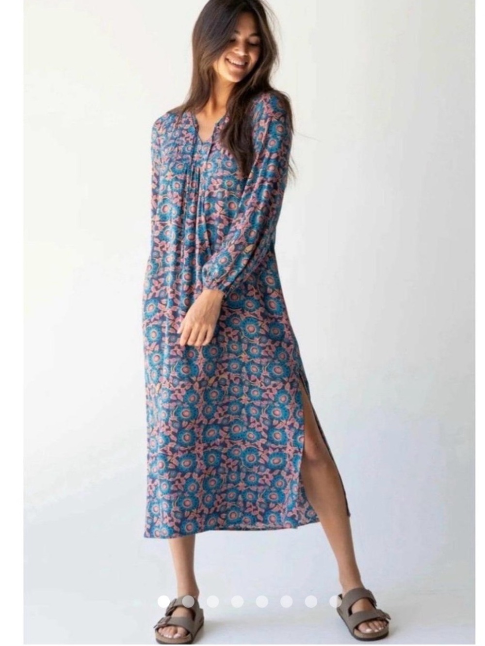 Natural Life Patti Side Slit Maxi Dress in Teal Cream Mixed Floral.